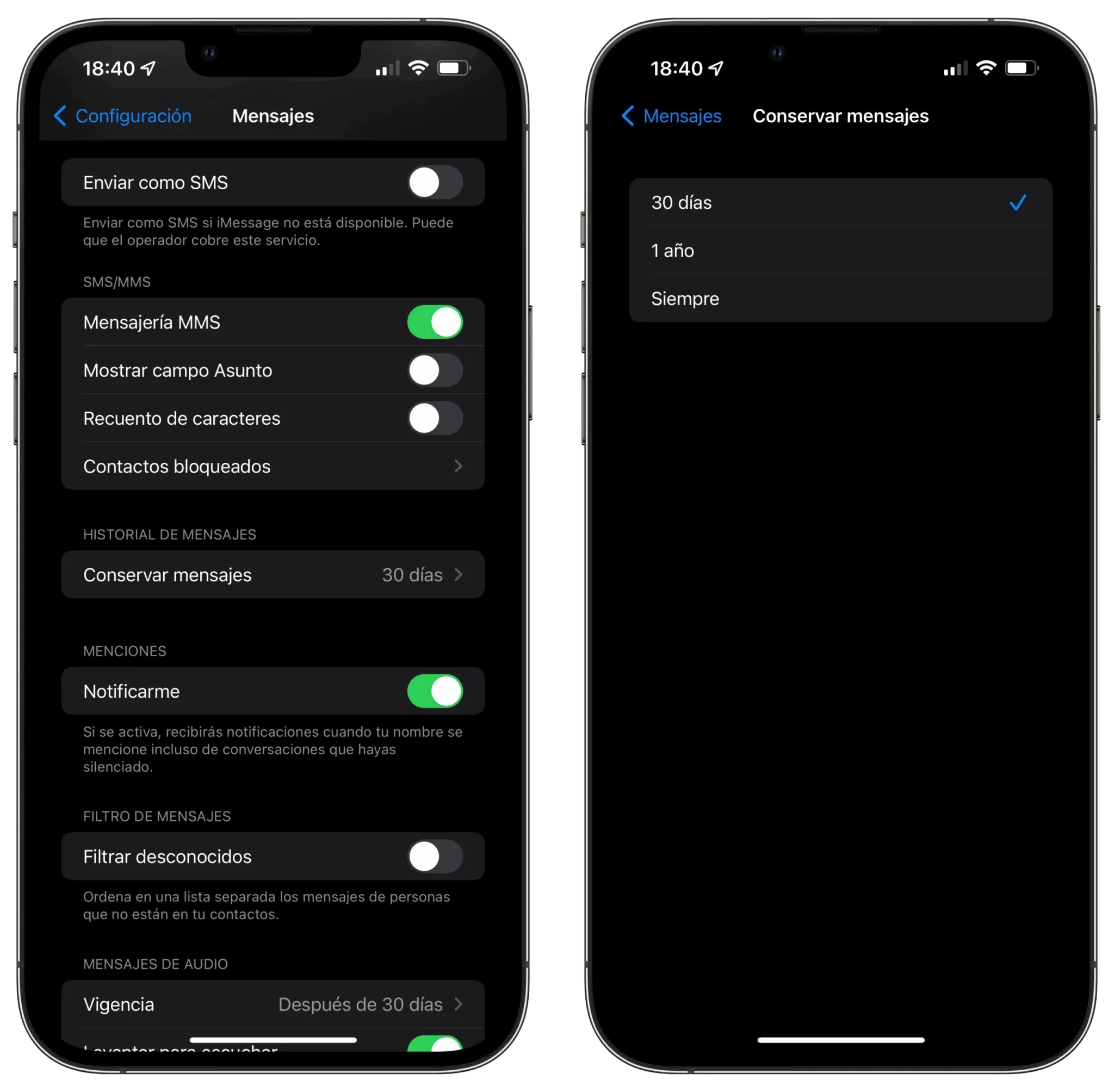 Borrar mensajes de iMessage automáticamente luego de 1 año o 30 días