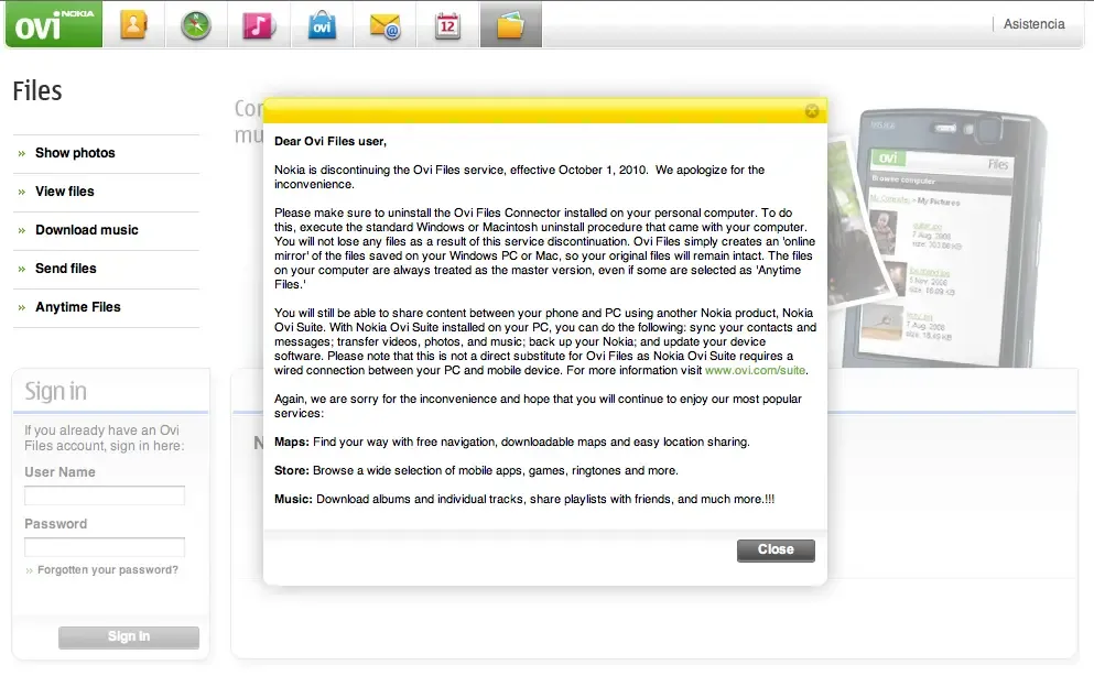 Nokia cierra OVI Files