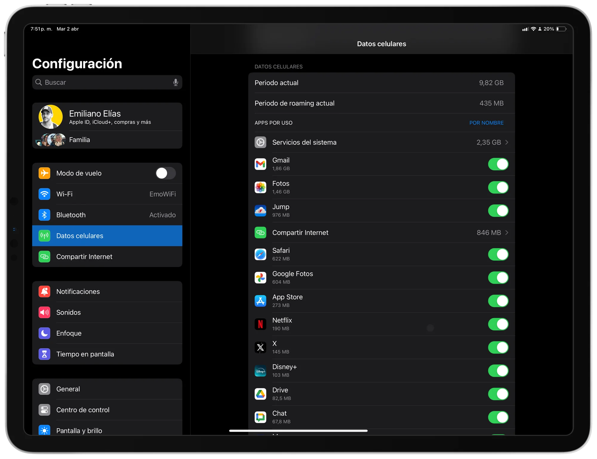 Consumo de datos en iPadOS