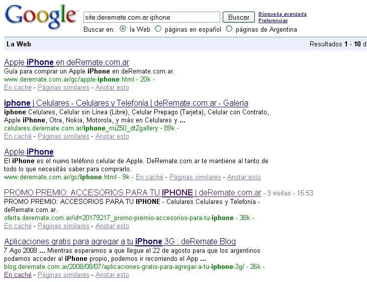 Resultado en Google de deRemate y MercadoLibre
