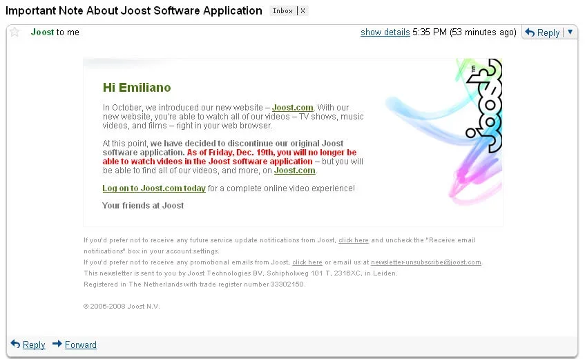 Mail de Joost